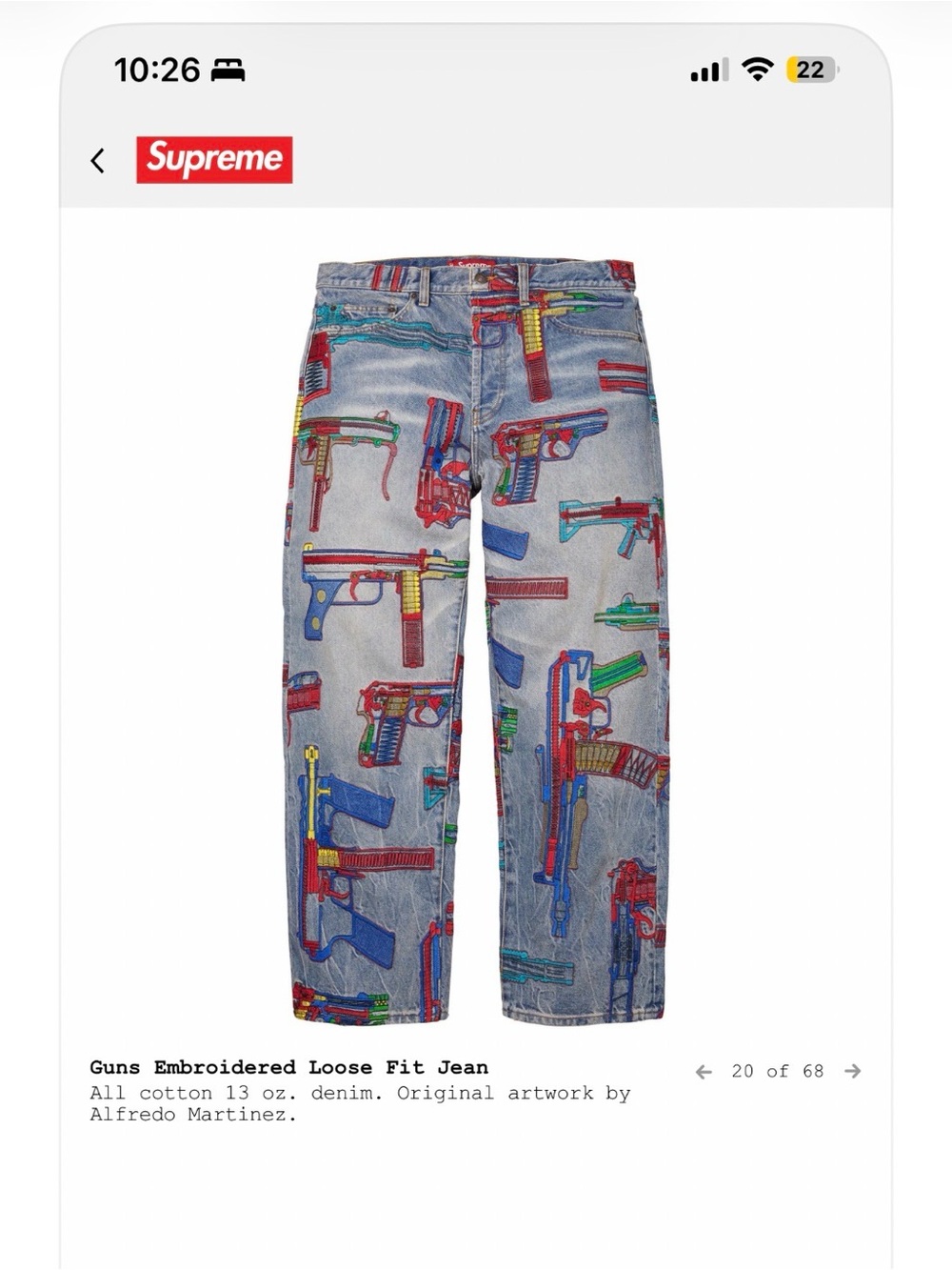 Supreme Multicolor Embroidered Guns Relaxed Jeans